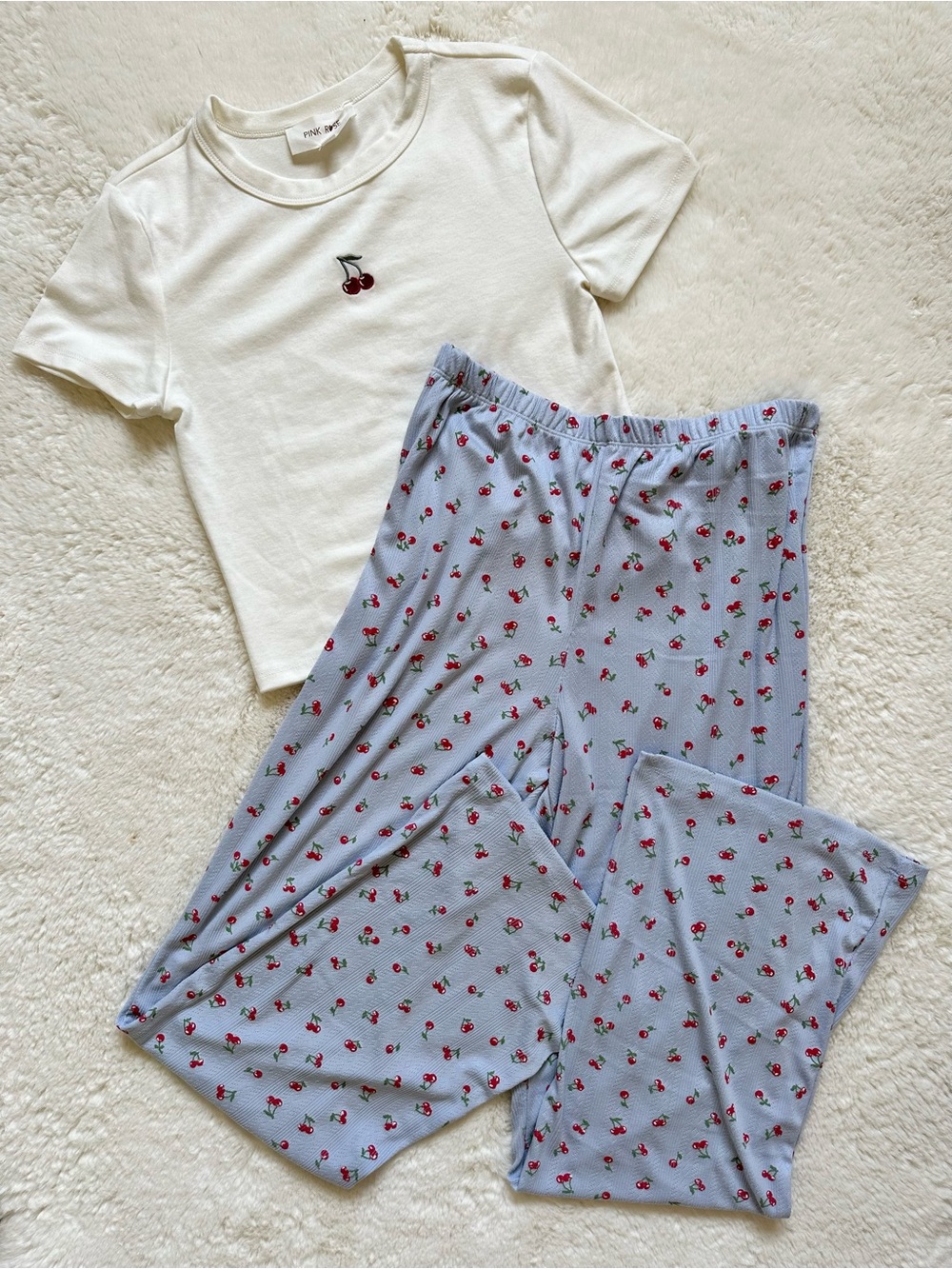 Pink Rose White Tee & Light Blue Cherry Print Pajama Set M